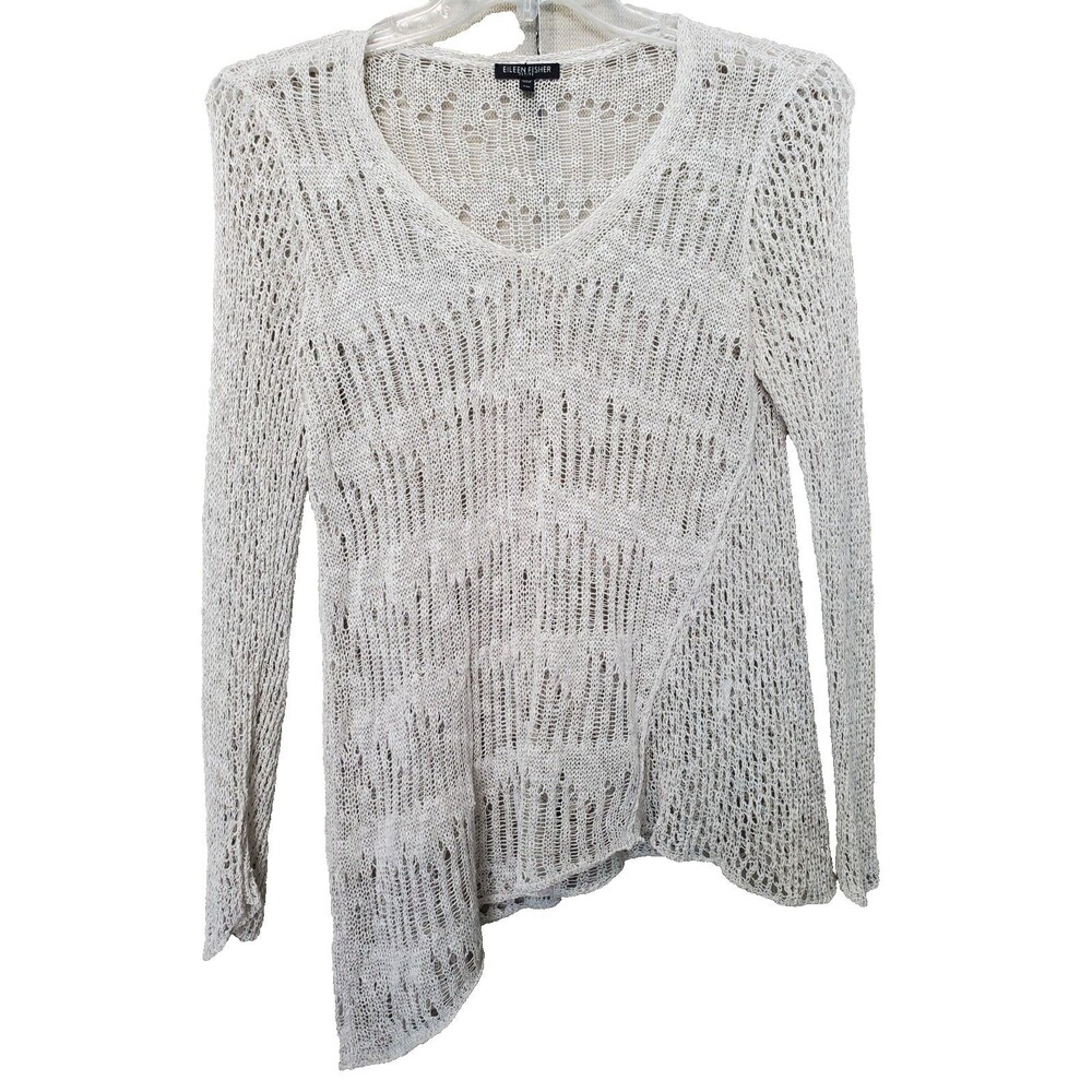 EILEEN FISHER Petite Beige Linen Blend Open Knit Long Sleeve Sweater Size PM